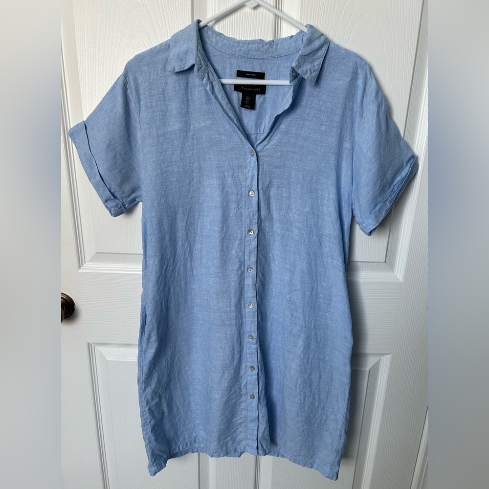 Tahari Blue Button Down Linen Short Sleeve Shirt Dress Size Large